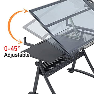 None Adjustable Drawing Table with Tempered Glass Top and Drawers/Stool