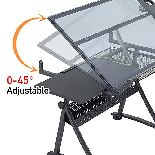 Adjustable Drawing Table with Tempered Glass Top and Drawers/Stool