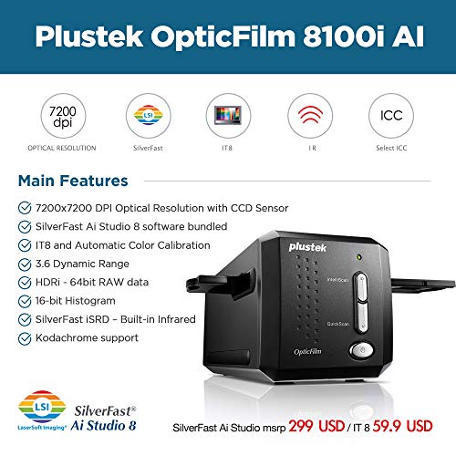 Plustek OpticFilm 8200i Ai High Resolution Film and Slide Scanner, 7200 dpi Optical Resolution, 48-bit Color Depth, Dust and Scratch Removal