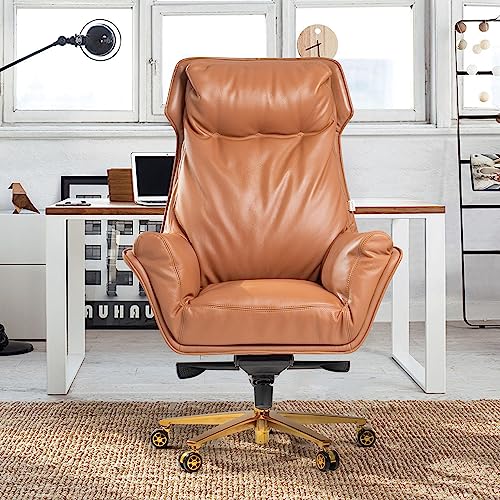 Kinnls Austin Genuine Leather Executive Office Chair with Reclining High Back and Tilt Angle (Khaki-Golden Base)