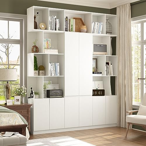 FAMAPY Wide Cube Storage Bookshelf with Doors and Shelves, White - 70.9”W x 11.8”D x 87”H