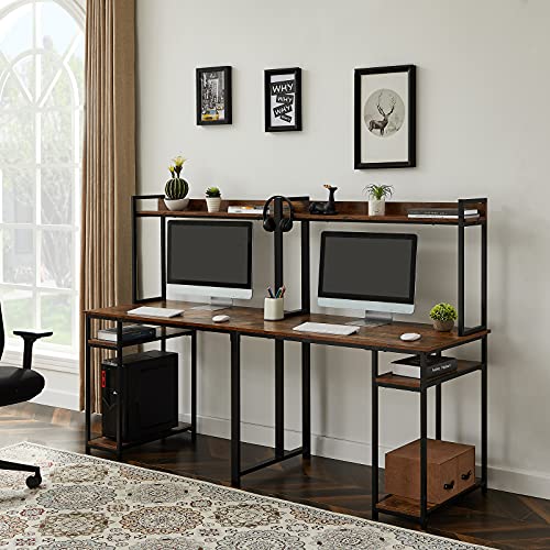 Extra Long Double Computer Desk Home Office Desk Workstation with 4-tier Storage Shelf for 2 Persons, Retro Wood Study Desk Writing Table with Spacious Tabletop & Adjustable Feet for Small Space Brown