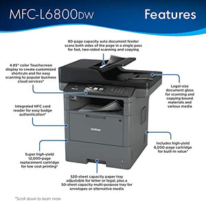 Brother MFC All-in-One Wireless Monochrome Laser Printer, Black- Print Copy Scan Fax - 48 ppm, 1200 x 1200 dpi, 4.85" LCD, NFC, 512MB Memory, Auto Duplex Printing, 80-Sheet ADF, Printer Cable