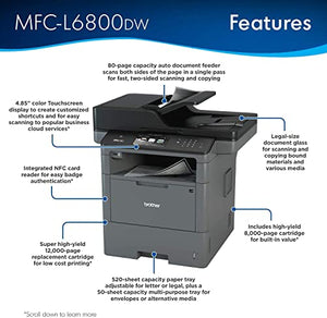 Brother MFC-L6800DWB All-in-One Wireless NFC Monochrome Laser Printer Office - Print Copy Scan Fax - 48 ppm, 4.85" Touchscreen LCD, 512MB RAM, Auto Duplex Printing, 80-Sheet ADF, Tillsiy Printer Cable