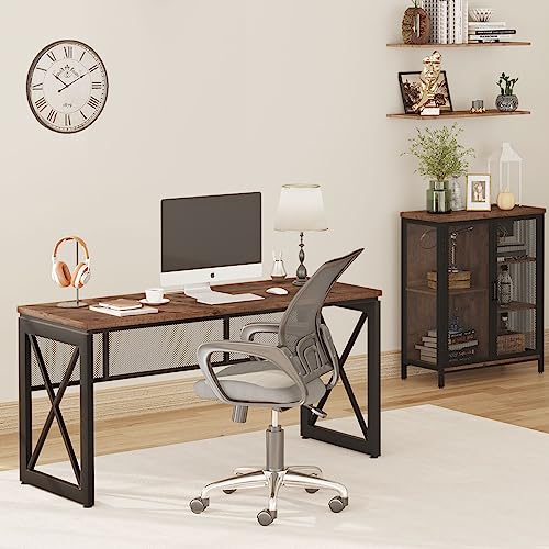 BON AUGURE 60 Inch Computer Desk for Home Office, Industrial Metal Wood Farmhouse Writing Desk