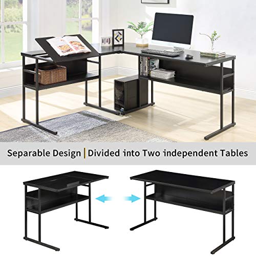 Merax L-Shaped Bottom Bookshelves, Multi-Function Drafting Drawing Table with Tiltable Desktop Desk, 59" L x 67" W x 29.5" H, Black
