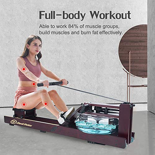 Real Relax Water Rowing Machine for Home Use, Water Adjustable Resistance Rower with LED Moniter for Full-Body Workout, Cardio Training Gym Fitness Indoor (Rower Cover Included), Dark Red Wood