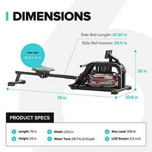 RIF6 Water Rowing Machine – Solid and Silent Rail with Digital Monitor, Water Resistance, and 3 Workout Modes – with Comfortable Seat, Padded Handles, Adjustable Foot Pedals, and Transport Wheels