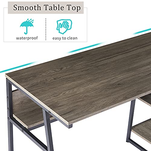4-Tier Two Persons PC Laptop Desk Study Table with Open Storage Bookshelves for Home Office Dorm Students, Industrial Rustic Wooden Writing Table Workstation Double Desk with Steel Frame for 2 (Gray)