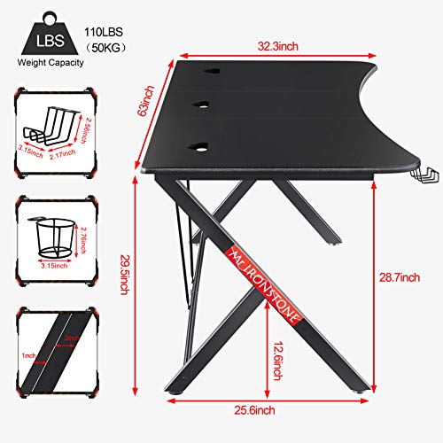 Mr IRONSTONE Large Gaming Desk 63" W x 32" D Home Office Computer Table, Black Gamer Workstation with Cup Holder, Headphone Hook and 3 Cable Management Holes