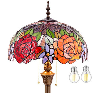 WERFACTORY Tiffany Floor Lamp Red Yellow Rose Stained Glass Standing Reading Light 16X16X64 Inches Antique Pole Corner Lamp