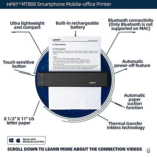HPRT MT800 Portable Thermal Transfer Printer for Travel,300dpi High Resolution,Wireless Printer for Android and iOS Phone, Compatible with Windows,Linux and MAC, Suitable for Mobile Office.