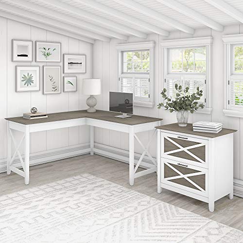 Bush Furniture Key West L Shaped Desk with 2 Drawer Lateral File Cabinet, 60W, Pure White and Shiplap Gray