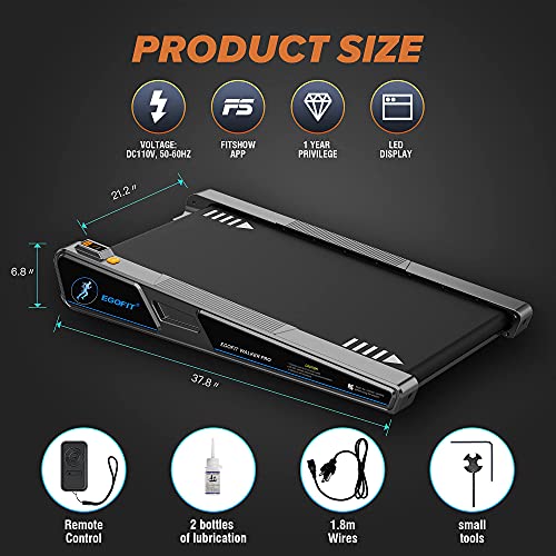 Egofit Walker Pro Small Under Desk Electric Treadmill Walking Machine, Installation-Free with LED Display, Remote Control and APP Control, Compact Fit Standing Desk Exerciser for Home Office Use