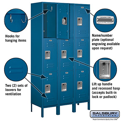 Salsbury Industries 53365BL-U Triple Tier 45-Inch Wide 6-Feet High 15-Inch Deep Unassembled Extra Wide Standard Metal Locker, Blue