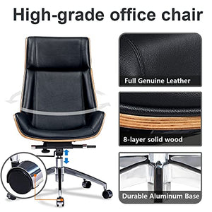 TOOMOO Genuine Leather High Back Executive Office Chair - 8-Layer Solid Walnut Wood, Aluminum Base