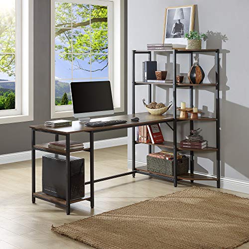 FURLKHY Home Office Computer Desk with 5 Tier Storage Shelves，Large Office Desk Study Writing Table Workstation with Corner Bookshelf and Tower Shelf（Brown）