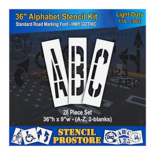 Pavement Stencils - 36 inch Alphabet KIT Stencil Set - (28 Piece) - 36" x 9" x 1/16" (63 mil) - Light-Duty