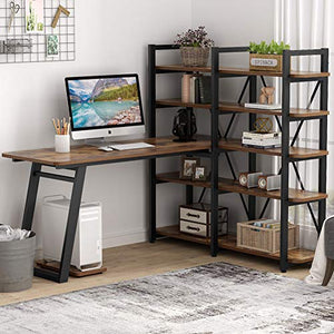 Tribesigns 55" Large Computer Desk with 10 Storage Shelves, Office Desk Study Table with Etagere Bookcase, Writing Desk Workstation with Hutch Bookshelf for Home Office, Vintage Brown