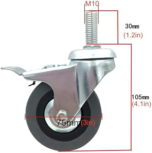 IkiCk Heavy Duty Plate Casters 3" Rubber Swivel Castor Wheels - 4Pcs (Brake)