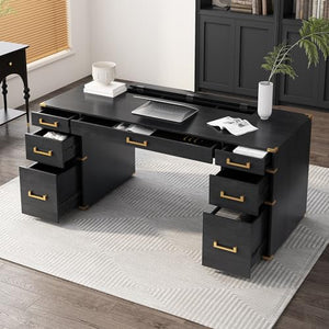 Merax Executive Writing Desk with File Drawers, USB Ports, Outlets, Hidden Compartment - 70" Black+Gold