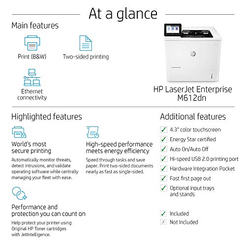 HP Laserjet Enterprise M612dn Monochrome Duplex Printer (7PS86A), White, Standard (Renewed)