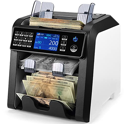 MUNBYN Dual Money Counter Machine Mixed Denomination and Sorter, Sort on DENOM/FACE/ORI, Value Counting, Counterfeit Detection 2 CIS/UV/MG/IR, Print Enabled, Mixed Bill Counter for Business, Bank