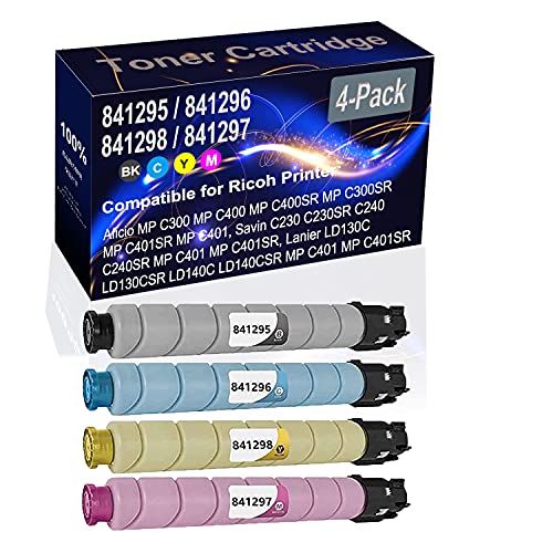 4-Pack (BK+C+Y+M) Compatible Aficio MP C300 MP C400 MP C400SR Laser Toner Cartridge (High Capacity) Replacement for Ricoh 841295 841296 841298 841297 Printer Toner Cartridge