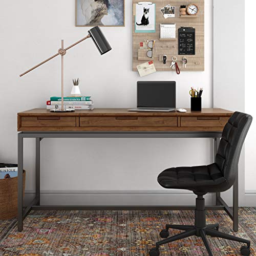 SIMPLIHOME Banting SOLID WOOD and Metal Modern Industrial 60 inch Wide Home Office Desk, Writing Table, Workstation, Study Table Furniture in Medium Saddle Brown with 2 Drawerss