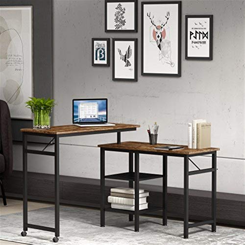 L-Shaped Home Office Rotating Standing Computer Desk, Modern Office Study Workstation, Industrial 360 Degrees Free Rotating Corner Computer Desk with Storage Shelf for Small Spaces (Brown)