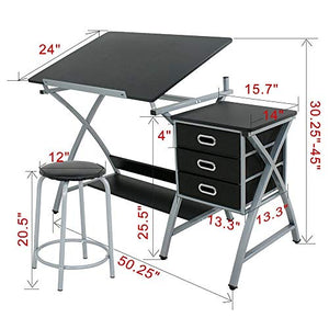 BJYX Adjustable Drawing Desk Drafting Table MDF Top Art Craft with Drawers and Stool