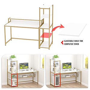 Teraves Computer Desk with 5 Tier Shelves,Reversible Writing Desk with Storage 47 Inch Study Table for Home Office Independent Bookcase and Desk for Multiple Scenes (Desk+Shelves, White+Gold Frame)