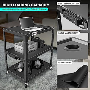 DNA MOTORING 3-Layer Utility Steel AV Cart with Wheels Power Strip