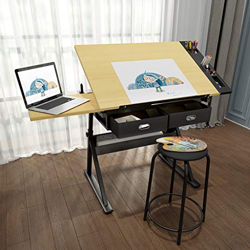 Lgan Height Adjustable Drawing Desk, Tiltable Craft Table with Storage, Maple Panel Art Desk, for Home Office Drafting Table