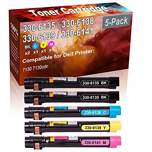 5-Pack (2BK+C+Y+M) Compatible 7130 7130cdn Laser Toner Cartridge (High Capacity) Replacement for Dell 330-6135 330-6138 330-6139 330-6141 (3GDT0 J5YD2 FRPPK 7FY16) Printer Toner Cartridge