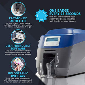 ID Maker Edge 2 Sided Card Printer & Supply Kit for Badge Printing - Print Professional Quality Identification Card, Premium Software & Camera - Magnetic Stripe Encoder, 200-Print Color, 100 PVC Cards