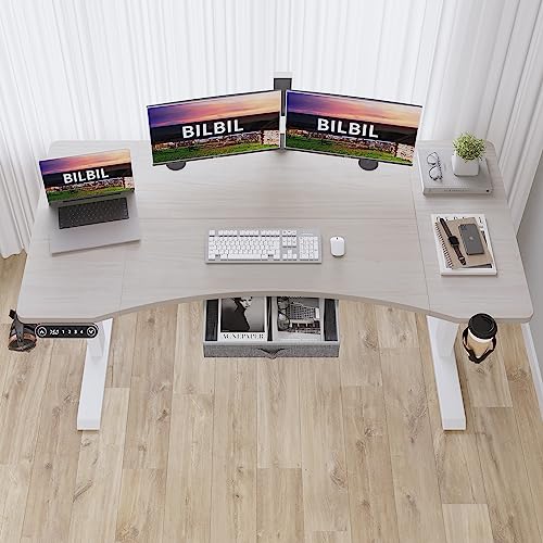 bilbil Electric Standing Desk with Drawer, Height Adjustable Sit Stand Up Desk, 63x30 Inches, Pale Pearwood Top/White Frame