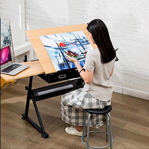 Lgan Height Adjustable Drawing Desk, Tiltable Craft Table with Storage, Maple Panel Art Desk, for Home Office Drafting Table