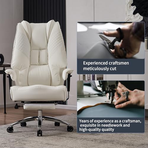 EXCEBET Big and Tall Leather Office Chair with Foot Rest - White