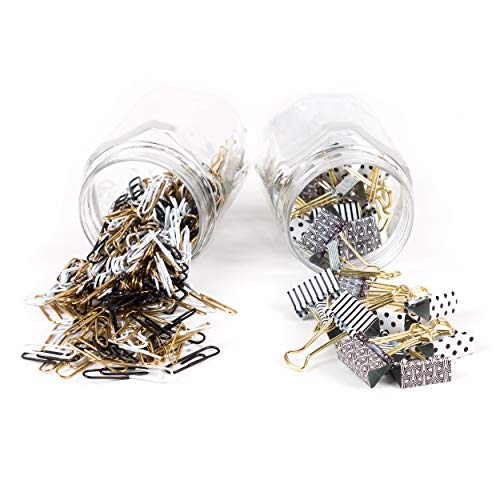 U Brand Mason Jar Paper Clips and Binder Clips Set, Classic Black & White with Gold Prongs, 2 Count