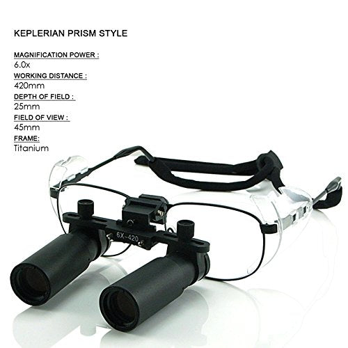 6.0X Magnification Dental Loupes, Prismatic Keplerian Style Titanium Frame, Dental Surgical Medical Binocular 45mm Field of View + 25mm Depth of Field + 420mm Working Distance