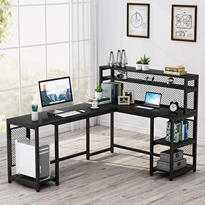 LITTLE TREE 67 inch Large L-Shaped Computer Desk with Hutch and Bookshelf, Home Office Desk with Storage Shelves and CPU Stand, Corner Desk Study Writing Gaming Table Workstation (Black)