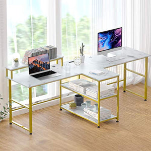 Houssem 94.5’’ Two Person Desk with Monitor Stand, Double Computer Desk with Storage Shelves, Extra Long Workstation Desk with Power Strip for Home Office Study Room Bedroom