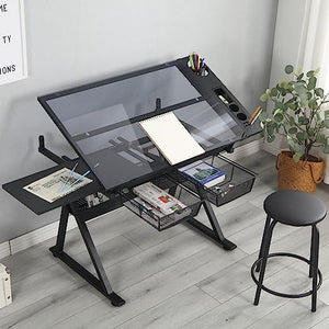 TRIPLE TREE Drafting Table Art Desk for Adults and Artists, Tempered Glass Drawing Table with Height Adjustment and Storage
