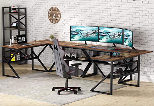 Tribesigns 3 Piece K-Frame L-Shaped Desk with Bookshelf, Corner Computer Office Desk PC Laptop Gaming Table Workstation with Open Storage Shelves for Home Office, Rustic Brown