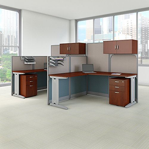 Office in an Hour 2 Person L Shaped Cubicle Workstations in Hansen Cherry