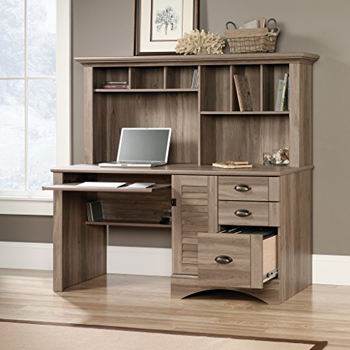 Sauder 415109 Harbor View Computer Desk with Hutch, L: 62.21" x W: 23.50" x H: 57.36", Salt Oak finish