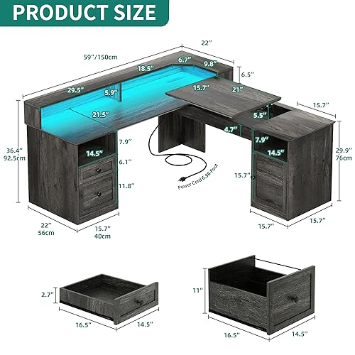 YITAHOME L Shaped Desk with Power Outlets & LED Lights, 60” Computer Desk with Drawers & Lift Top, Grey