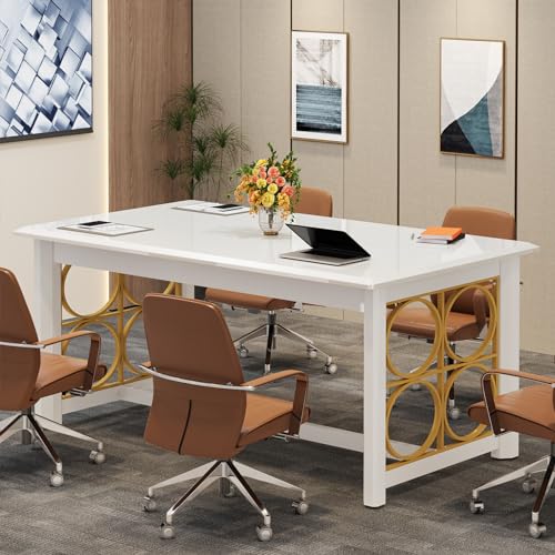 Tribesigns 63" Conference Table with Gold Legs, Glossy Surface - White & Gold