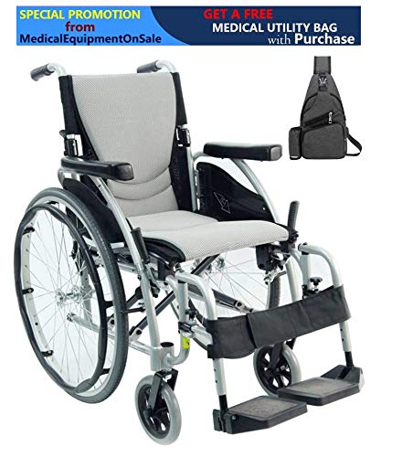 Karman Healthcare S-Ergo 125 Ergonomic Wheelchair, 18" Seat Width, Silver Frame with Free Black Medical Utility Bag